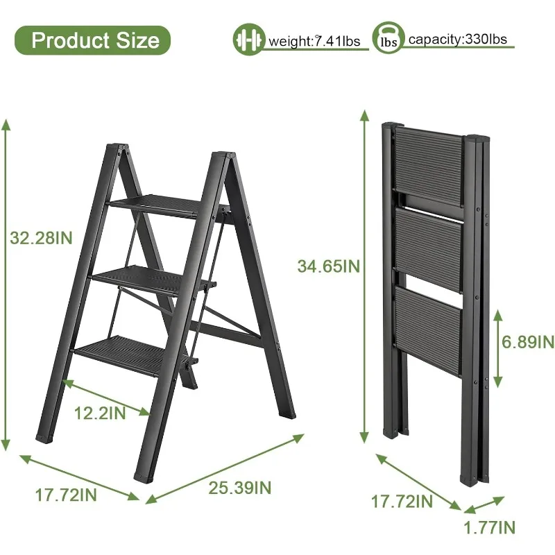 3 Step Ladder, Folding Step Stool with Wide Anti-Slip Pedals,Max Load 330 Lbs Capacity