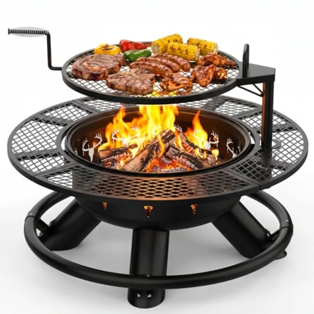 Fire Pit with Poker | Outdoor Fire Pit Extra Large, Wood Burning Firepits for Outside with Grill, 47 inch