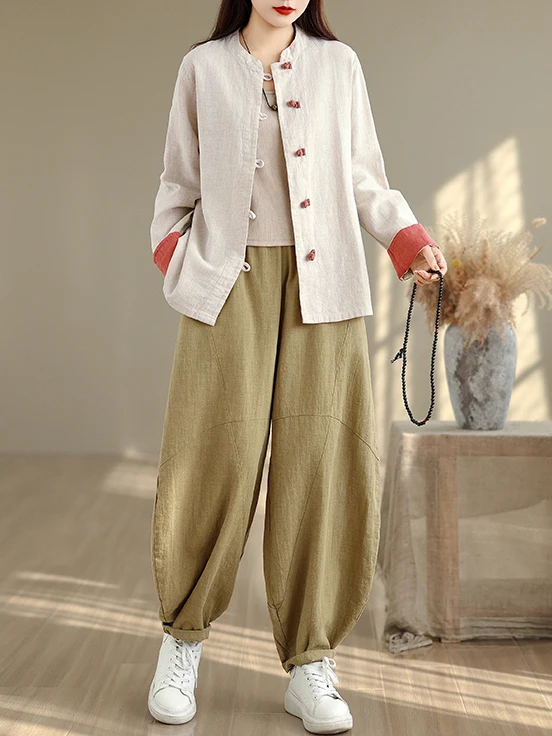 

New Chinese Sle irt Set Women's Faion Retro Color Blo Zen Cotton Linen Casual Lantern Pants Two Piece Set