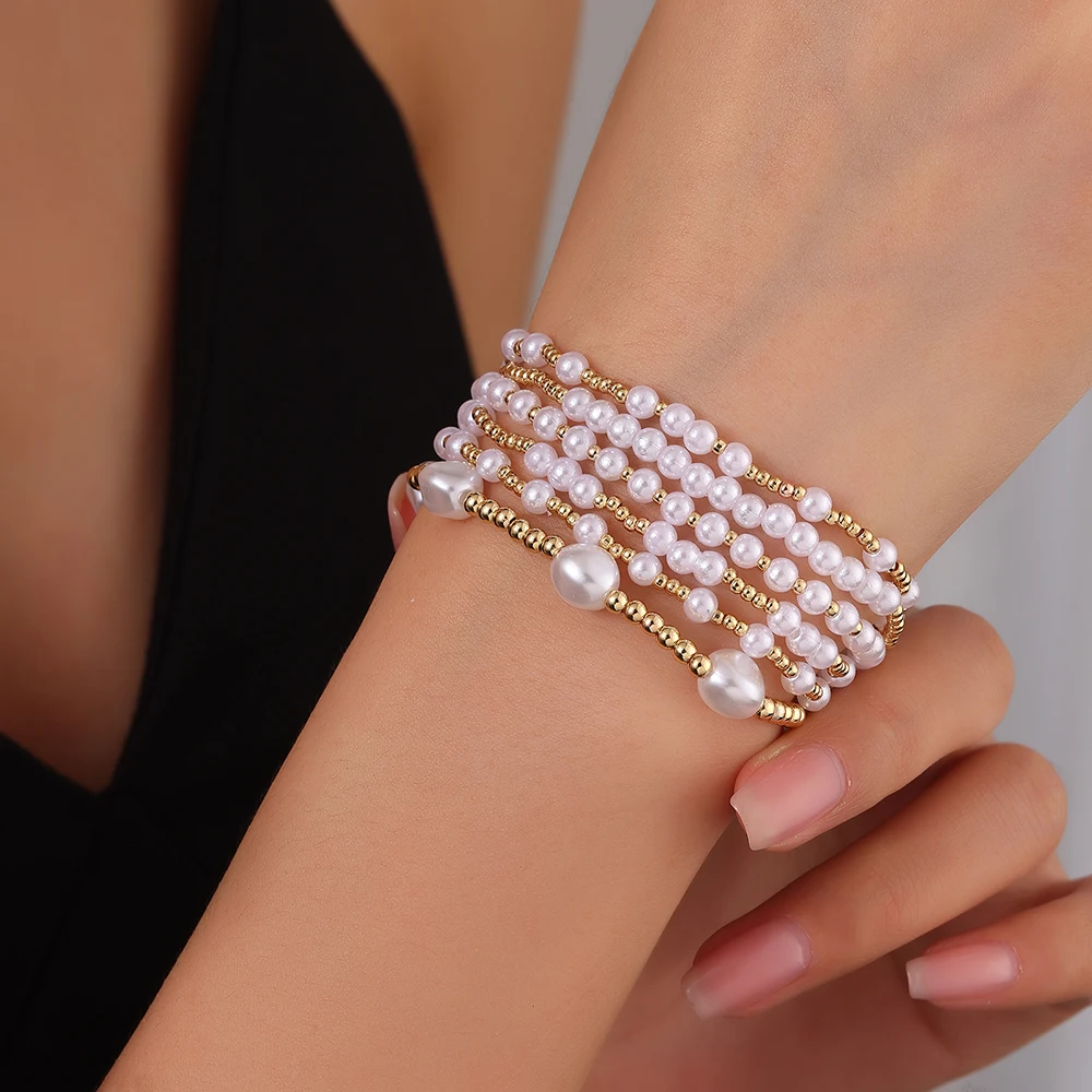 

Niche Classic Light Luxury Niche Design String Copper Pearl Elastic Bracelet Women's 6-Piece Set Jewelry Pulseras De Mujer