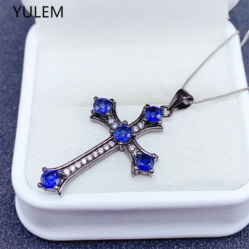 YULEM Natural Sapphire 3.5mm Black ‌cross Pendnat ‌ Design for Women or Man Daily Wear