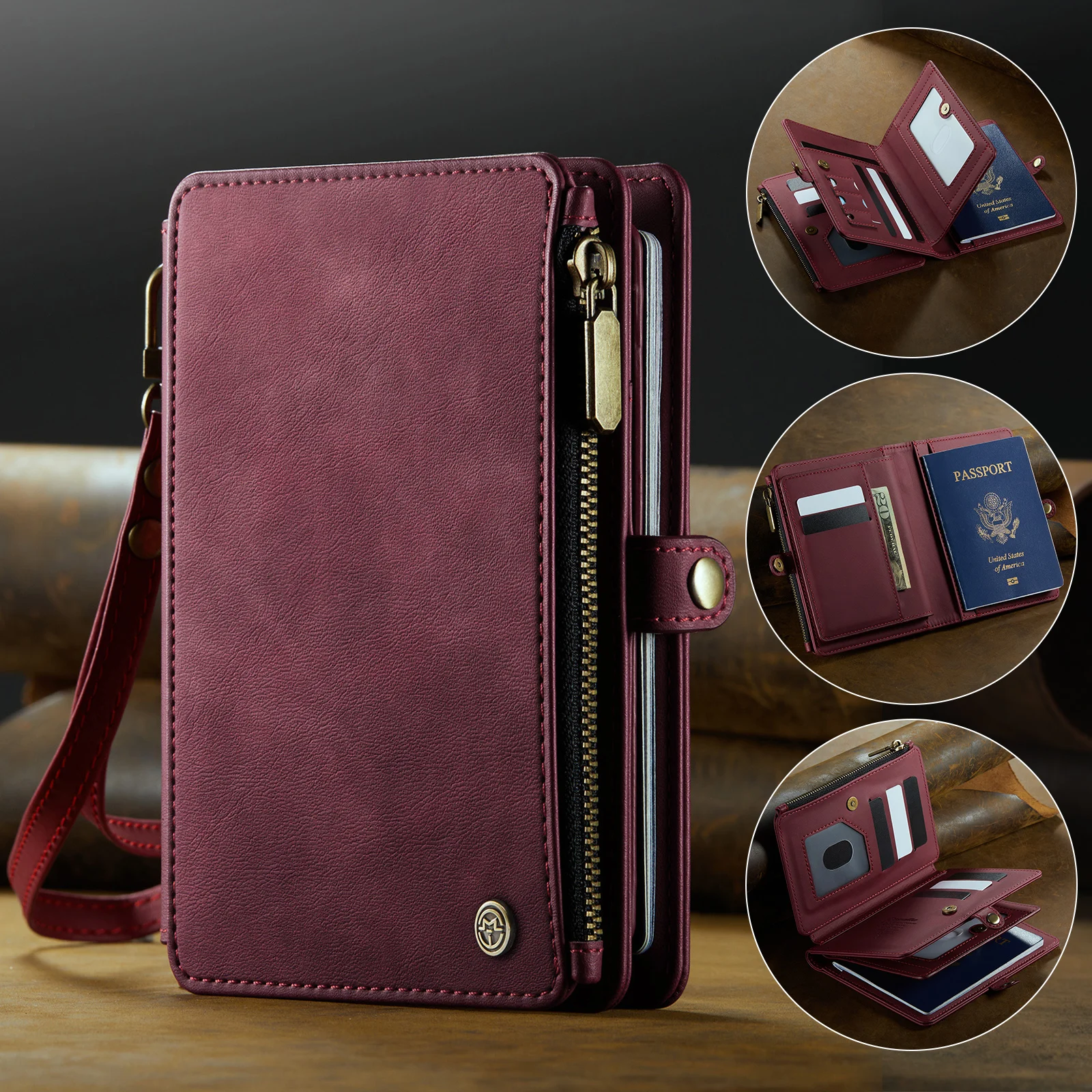 

Caseme Retro Multi-function Passport Holder for Travel, Passport Case Wallet With Strap Wristlet and Zipper Wallet, High Quality