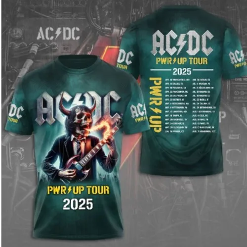 تي شيرت رياضي جديد 2025 مطبوع ثلاثي الأبعاد ACDC Power Up Tour 2025 إصدار محدود ثلاثي الأبعاد للرجال سريع الجفاف وجيد التهوية.