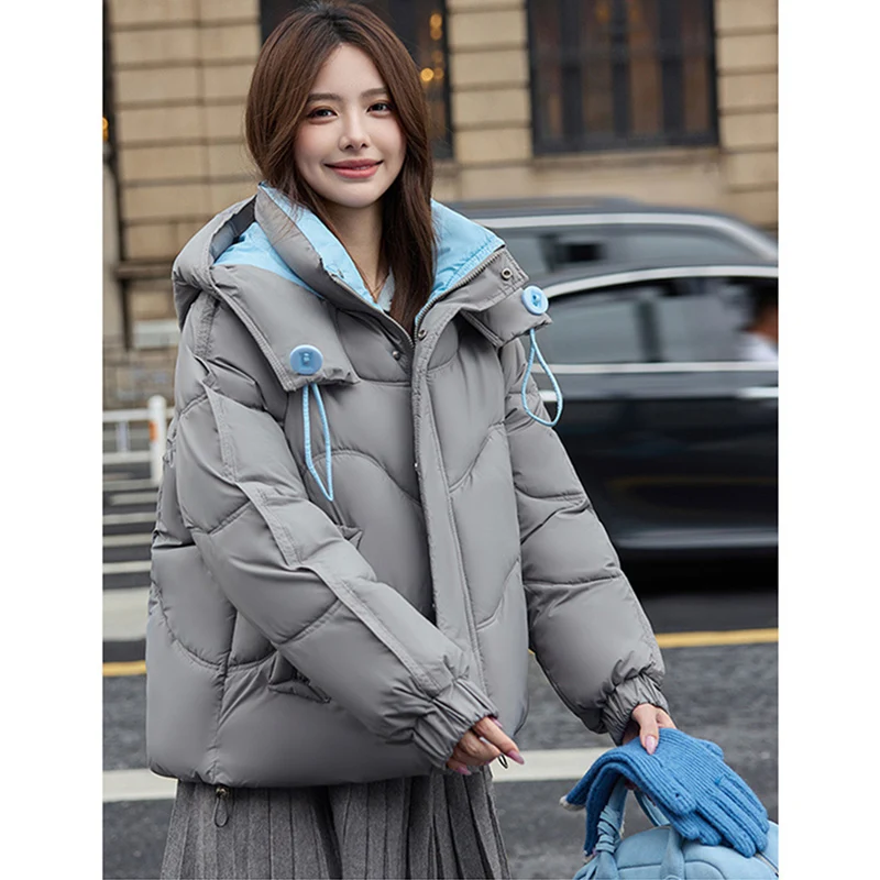 New Winter Contrast Color Puffy Down Cotton Jacket Women Fashion Button Trim Thicken Parkas Trendy Streetwear Padded Cotton Coat