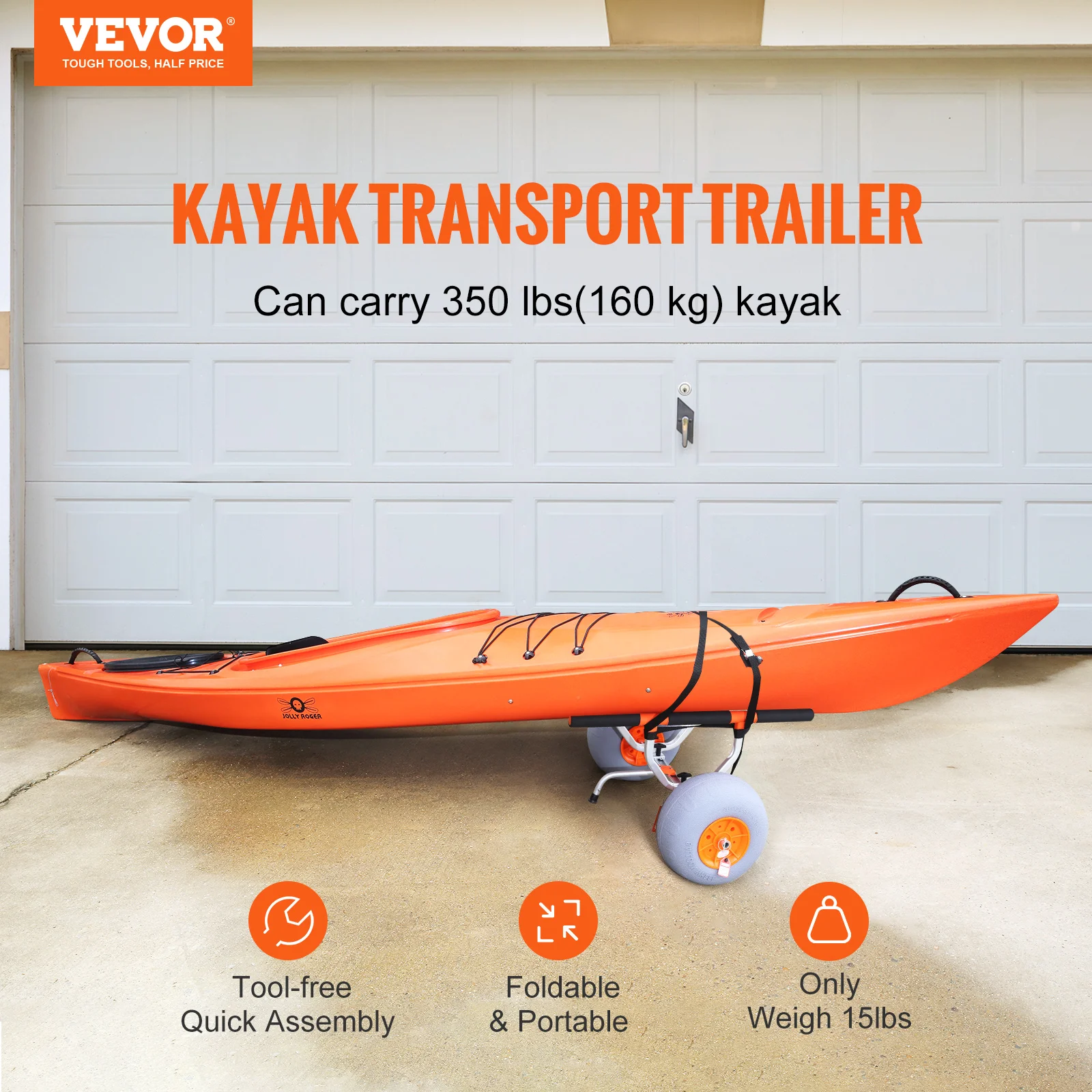 VEVOR 350lbs Kayak Trailer Cart Foldable Canoe Trolley Cart with 12'' Tires for Paddle Boards Float Mats Jon Boats Transport