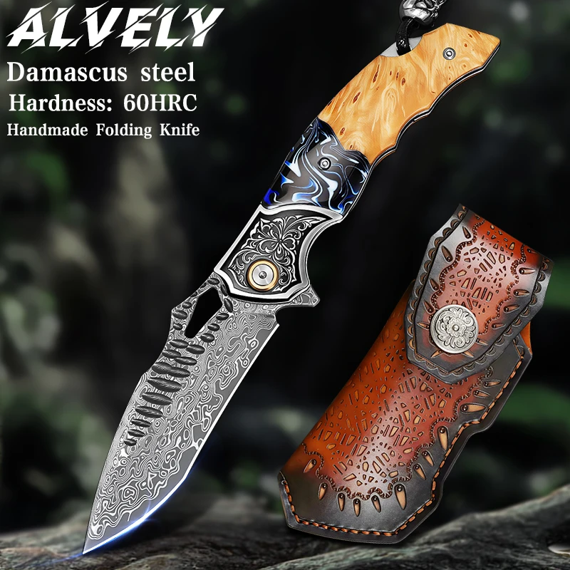 Handcrafted VG10 Damascus steel folding pocket knife with a maple wood handle featuring a random-patterned resin inlay and a cowhide sheath—a premium men’s everyday carry (EDC) gift designed specifically for outdoor enthusiasts.
