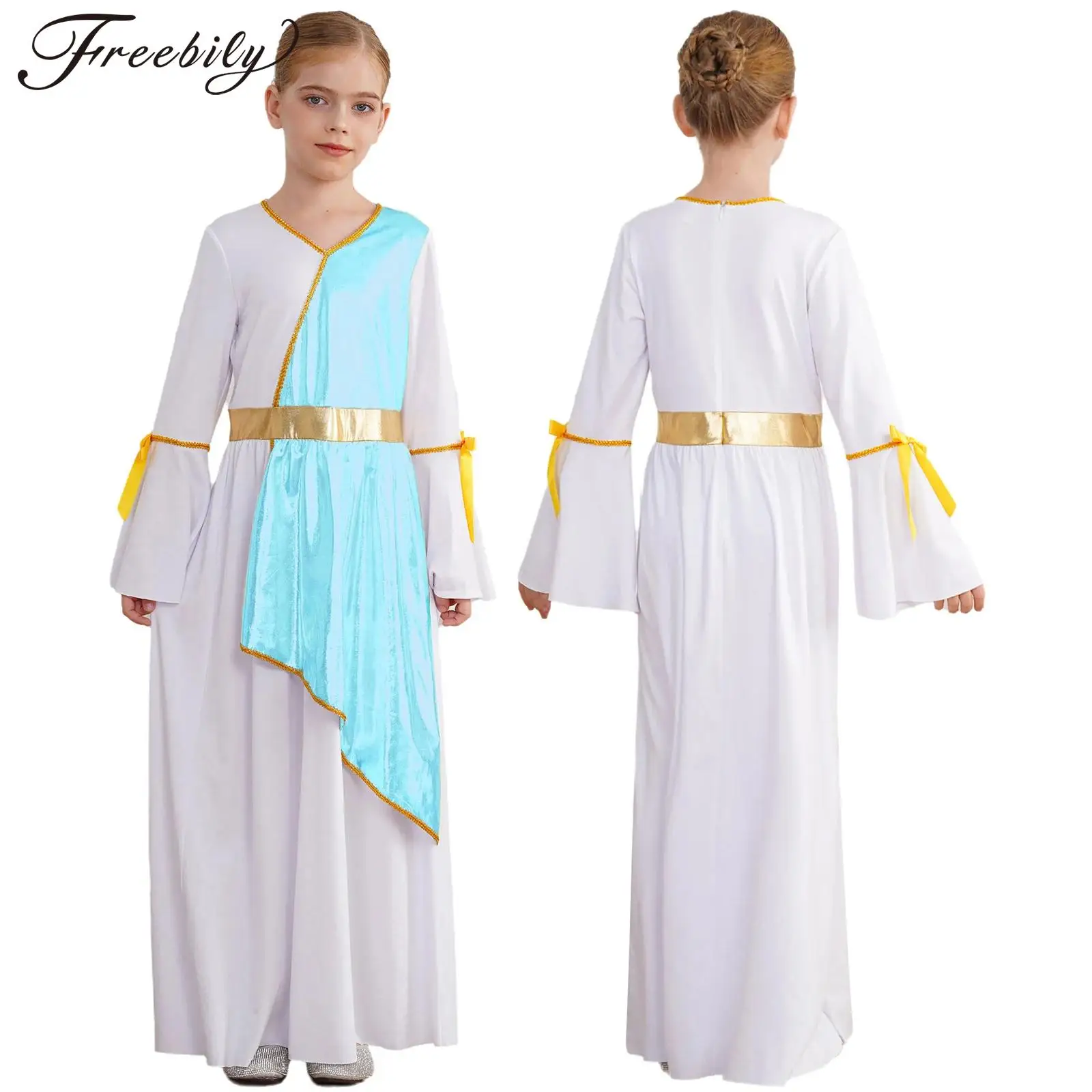 Kids Girl Halloween Ancient Greek Goddesses Princess Cosplay Costume Long Sleeve Gold Trim Roman Toga Church Choir Worship Dress