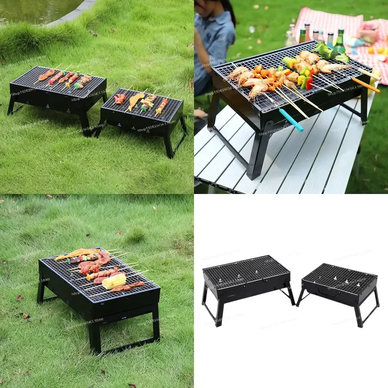 Ultra-Portable Foldable Black Steel Charcoal Grill | Compact Outdoor BBQ for Camping, Picnics | Lightweight & Durable Design
