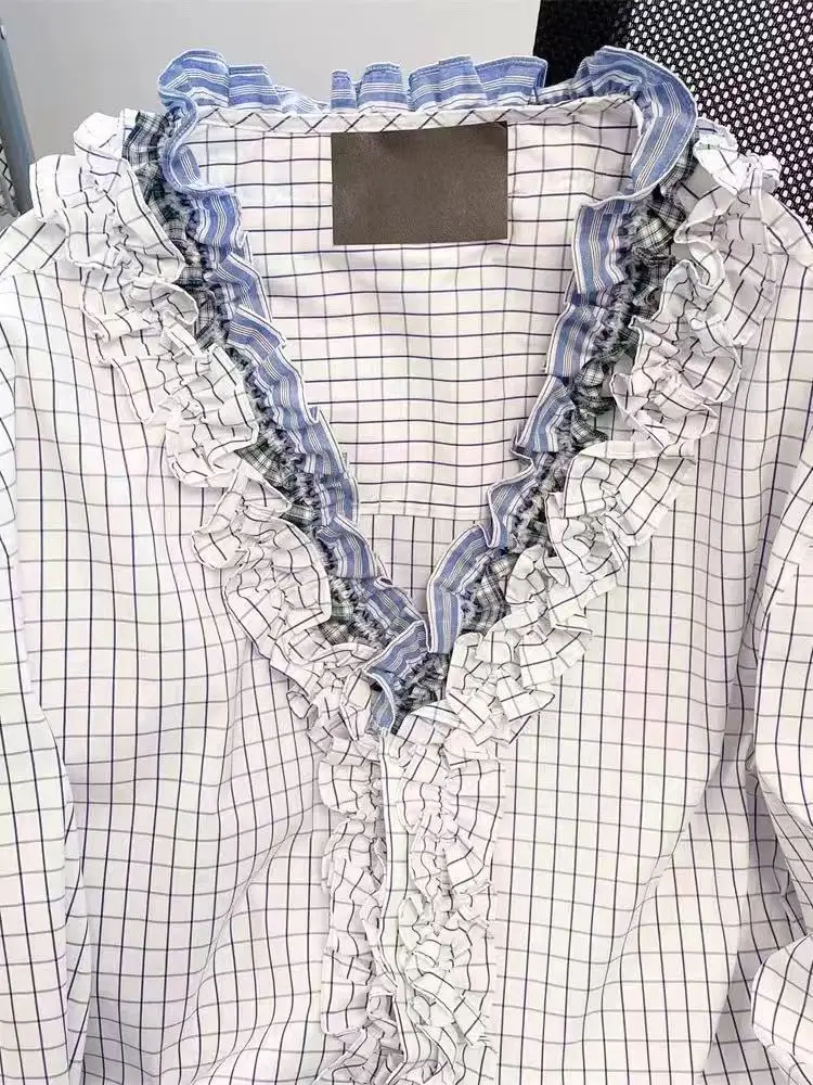 Korean fungus edge plaid v-neck long-sleeved shirt women's spring and autumn new niche design sense loose super good-looking top