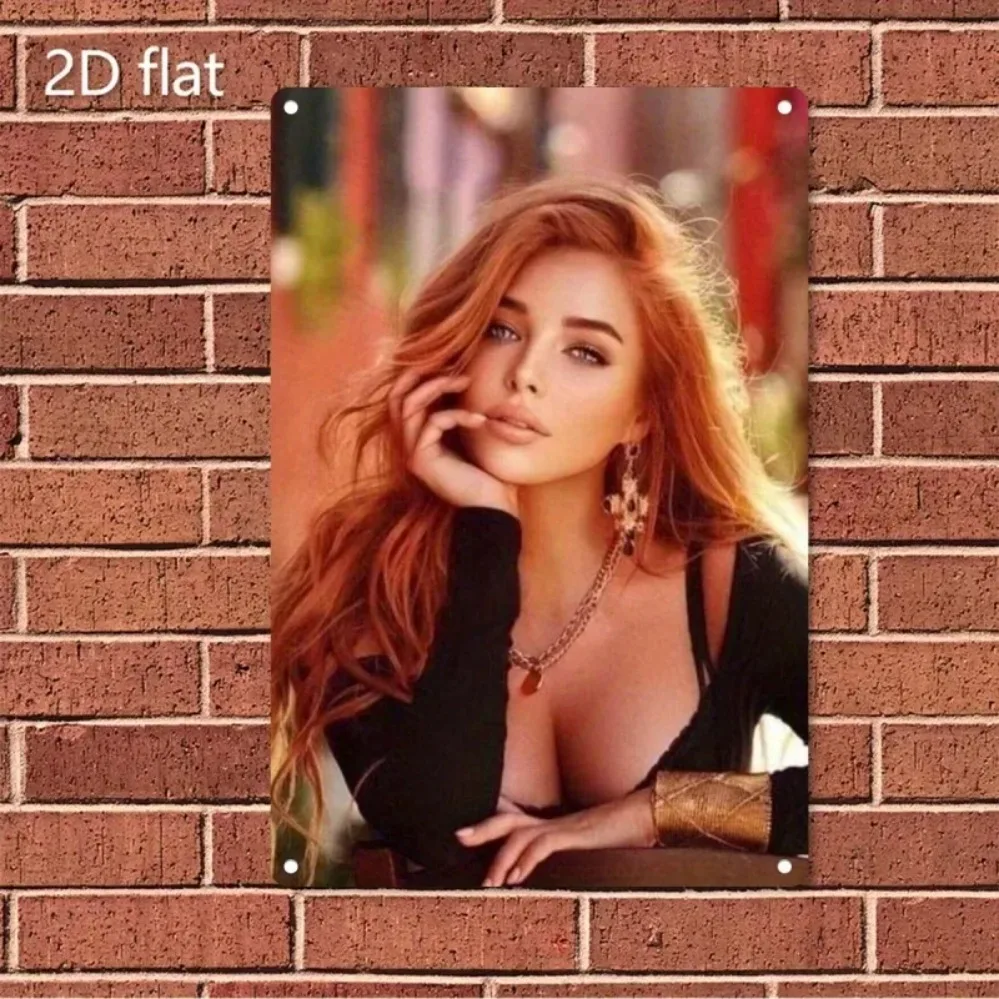 Redhead Woman Metal Wall Art, Brown Hair Green Eyes Iron Decor for Bedroom Bar Cafe