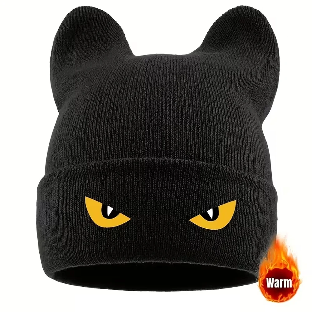 Cat-eye monster eye print beanie hat with ear design for autumn and winter, warm and unisex, animal-shaped beanie suitable for role-playing, creative and fun knitted hat