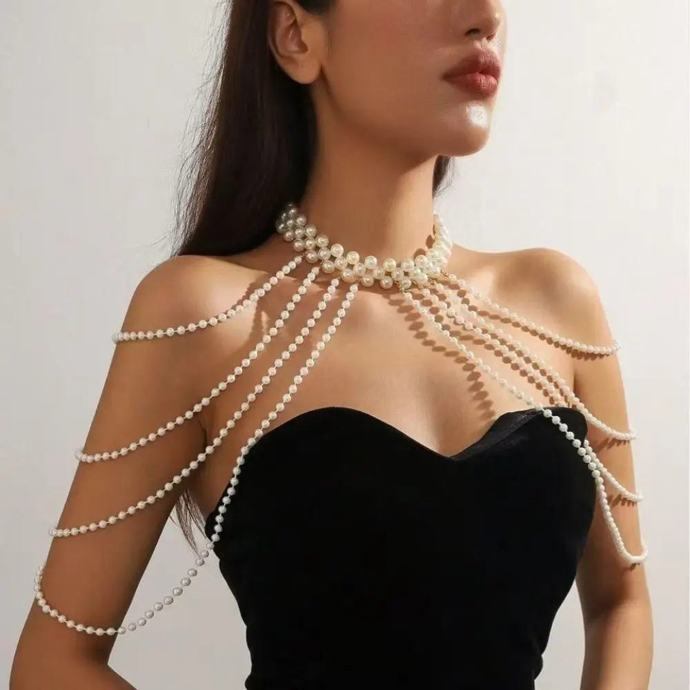 

Handmade Jewelry Imitation Pearls Shoulder Chain Round Bead Gold/Silver Chain Bridal Tassel Necklace Multi Layer Elegant