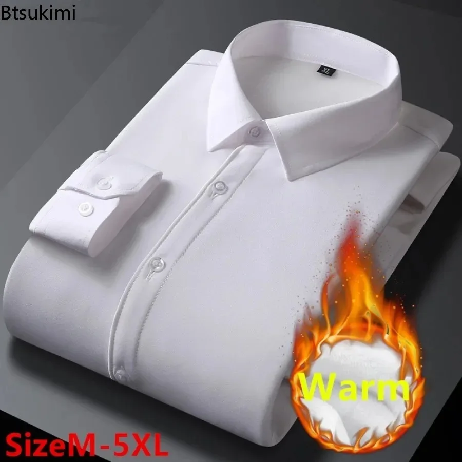

2025 New Men's Classic Non-iron Shirt Fashion Solid Fleece Thick Long Sleeved Casual Warm Shirt Men Formal Business Dress Shirts
