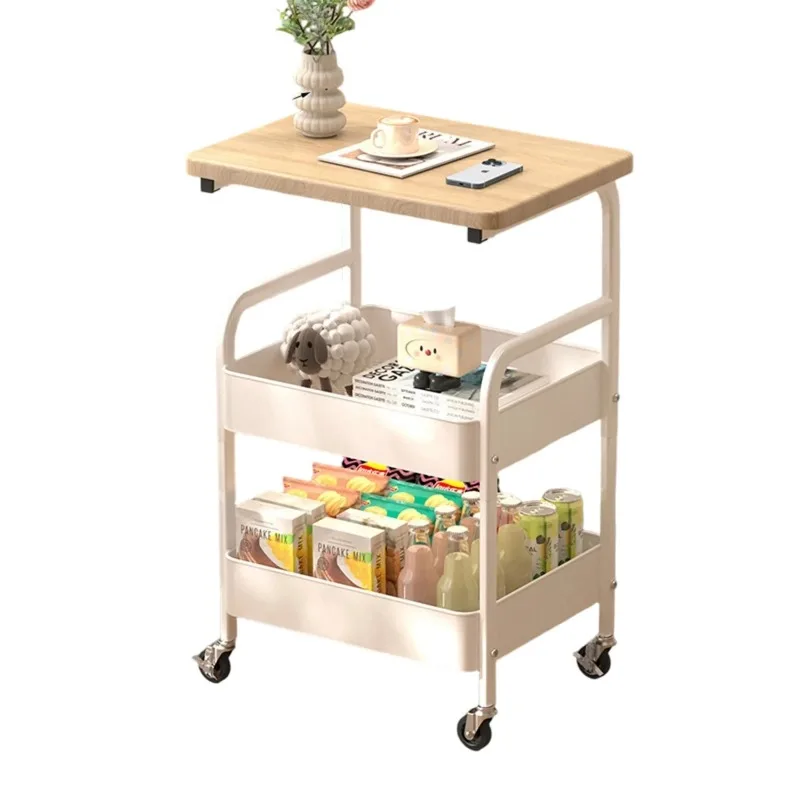 3-Tier Rolling Cart - Storage Cart with Wood Tabletop & 2 Lockable Wheels, Utility Organizer for Kitchen, Bathroom, Office Home​