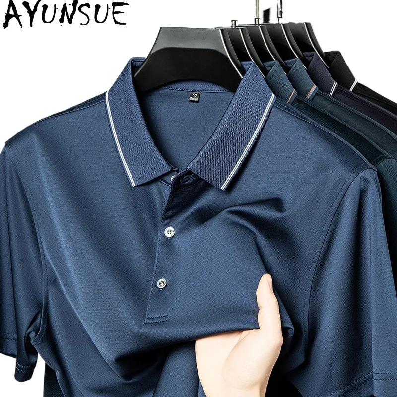 AYUNSUE Luxury 100% Real Mulberry Silk Polo Shirts for Man High Quality 2026 Summer Top Solid Short Sleeve Tee Shirt Polo Homme