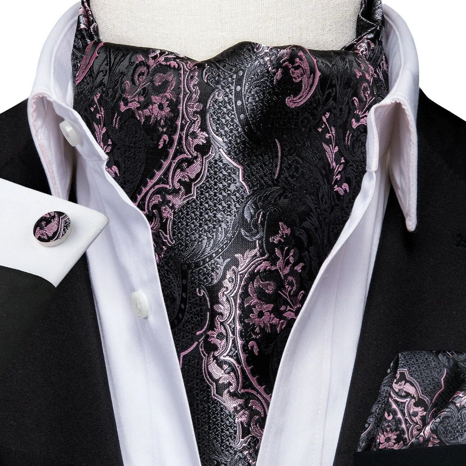 Men's Ascots Fashion Luxury Floral Cravat Set with Cufflinks and Handkerchiefs for Daily Casual Outing