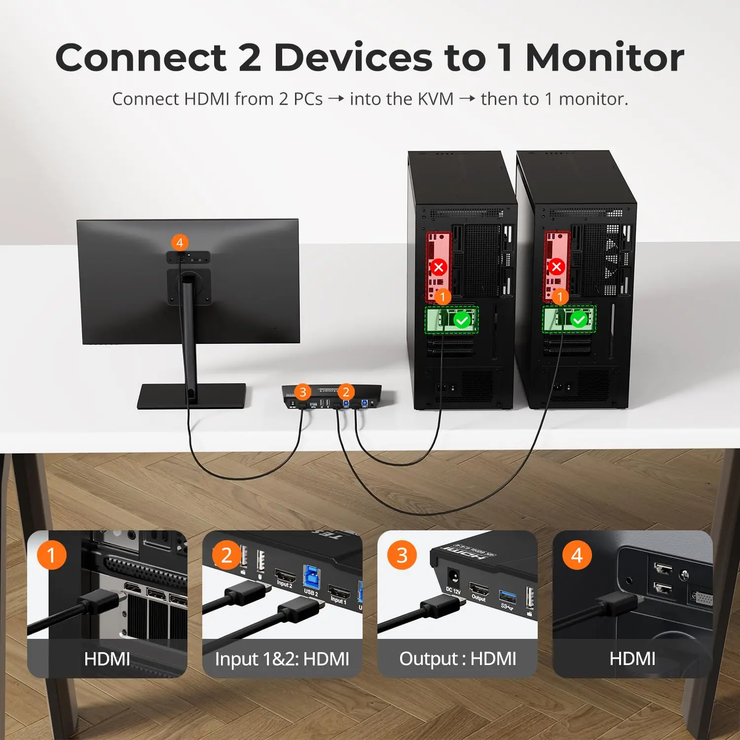 2 Ports KVM Switch 2 in 1 Out HDCP 2.2 EDID Emulators USB 3.0 Port Audio Output 4k60hz HDMI KVM Switches