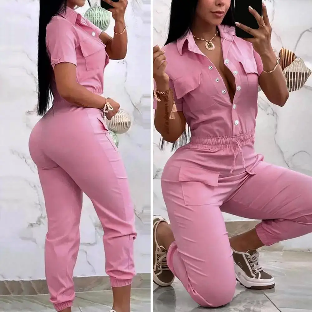 Slim Fit Women Jumpsuit Versatile Women's Cargo Jumpsuit Stylish Turn-down Collar Slim Fit with Multi Pockets Elastic Waist