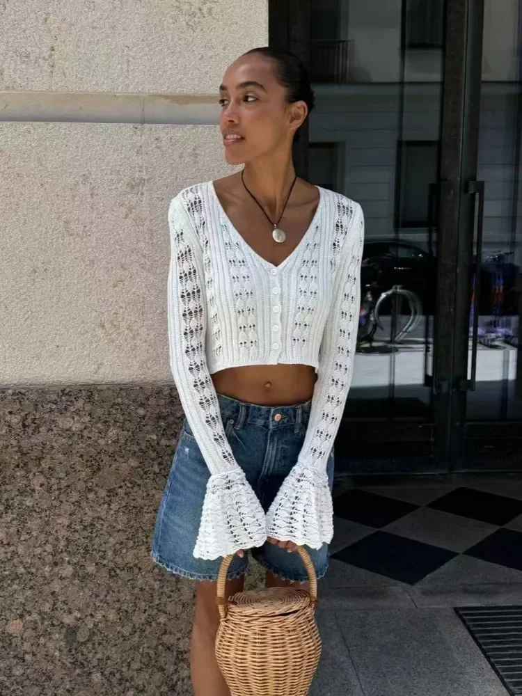 XIAOTANG セクシーな中空アウトニットカーディガン女性の夏の長袖クロップドトップス Y2K ハイストリートシングルブレストイエローカーディガン