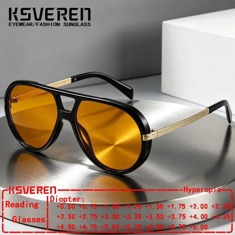 Doppelbrücken-Piloten-Lesebrille in Orange für Damen, Outdoor-Sonnenschutz, Einzelfokus-Presbyopie-Brille, Anpassbare Dioptrien