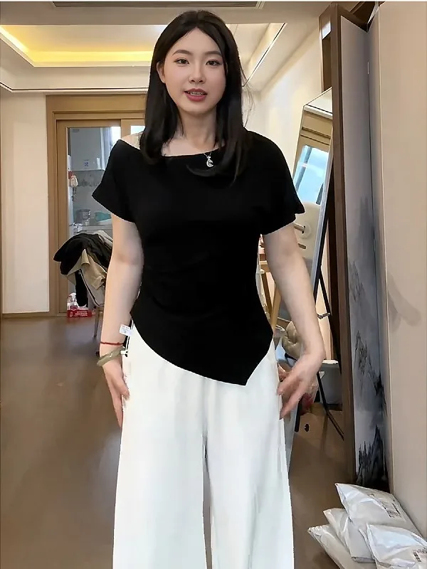 

plus Size American Style Shoulder Bared Slim Fit T-Shirt for Women Summer Fashionable plus Size Short Sleeve Casual Top