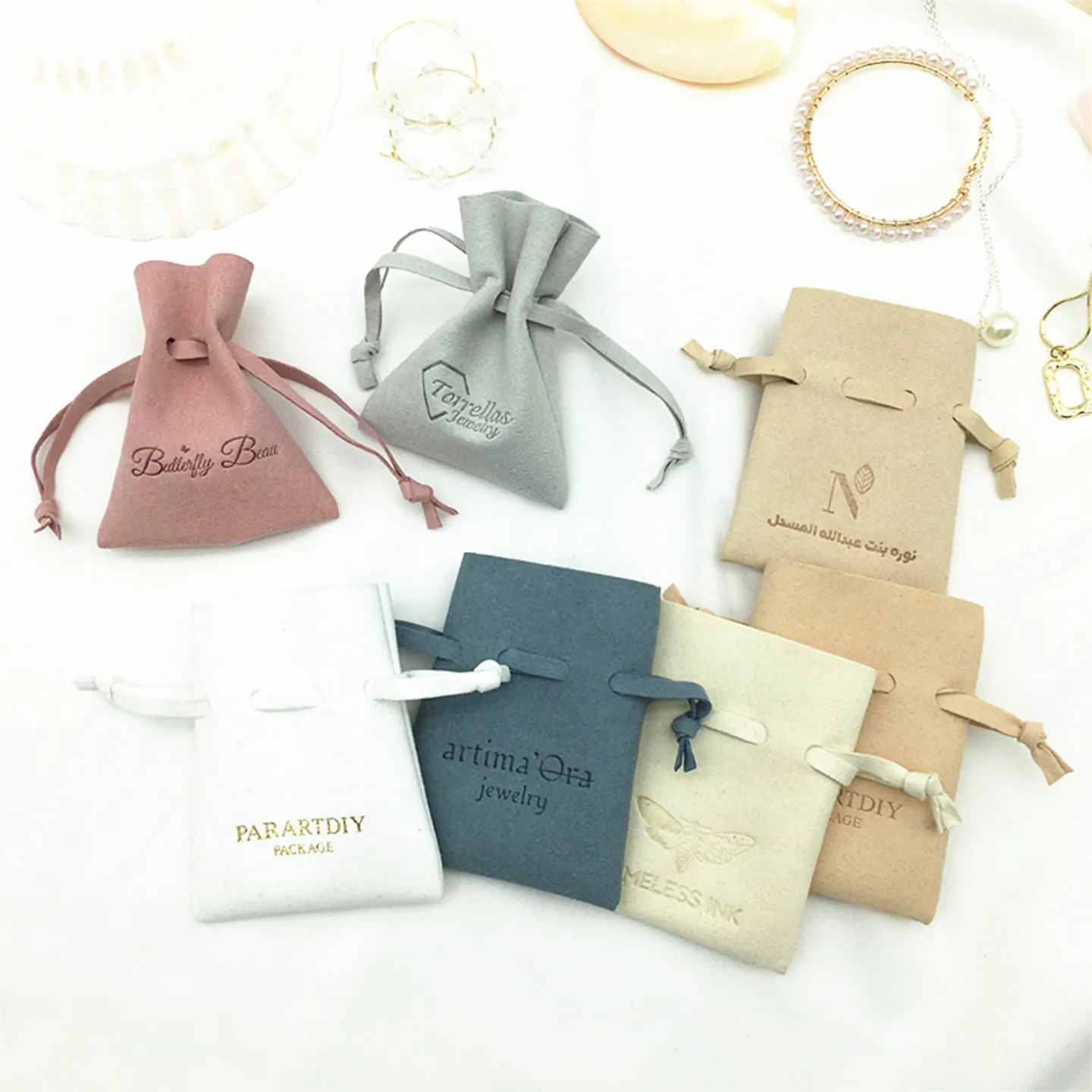 100pcs Custom Logo Microfiber Jewelry Pouch 8x10cm Gift Bag Velvet Drawstring Rings Soap Organizer Packaging Wedding Favors Bag