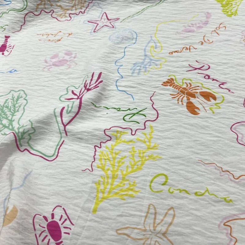 White Background Color Cartoon Marine Creature Pattern Printed Fabric Spring Summer Dresses DIY Fashion Simple Clothing Fabric