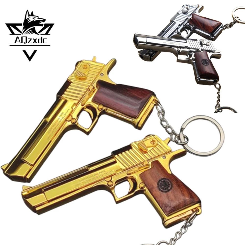 

Tactical Keychain Toy Solid Wood Handle 1:3 Desert Eagle Metal Gun Model Keychain Detachable Mini Pendant Decompression Gadget