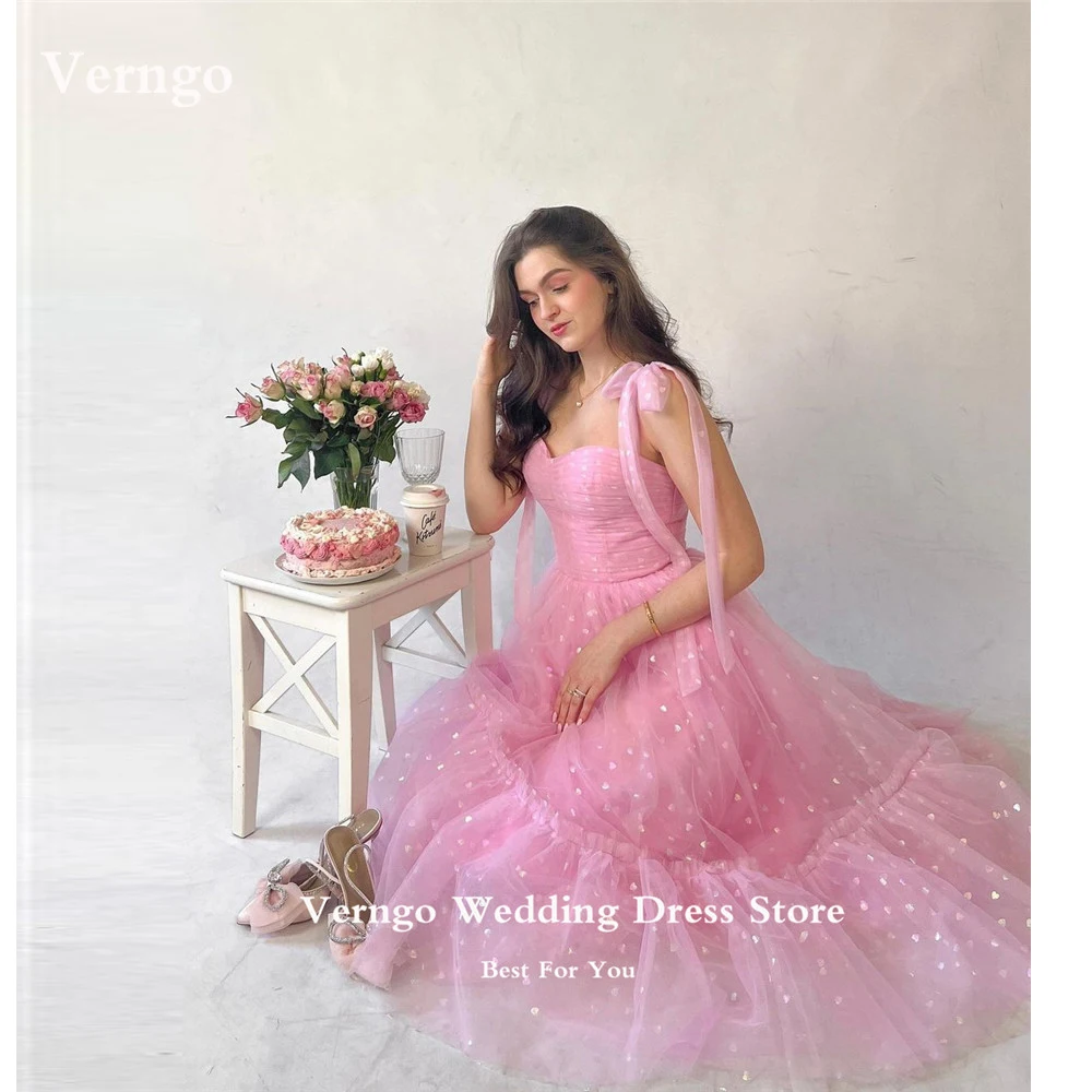 

Verngo Sweety Pink Heart Tulle Prom Party Dresses Straps Sweetheart Tea Length Evening Gowns Formal Graduation Dress
