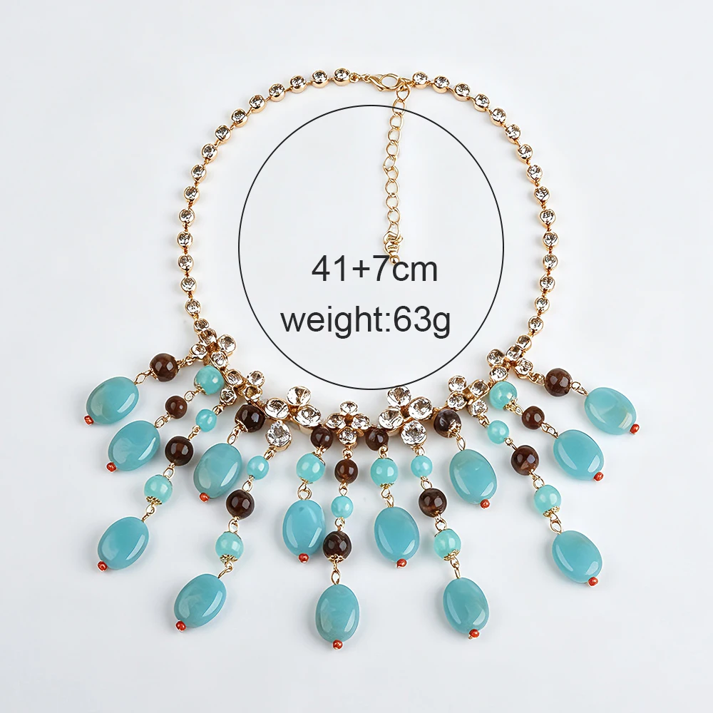 Boho Ethnic Statement Rhinestones Chains Big Bib Necklace Women Fashion Blue Beaded Tassel Large Collar Choker Necklace Jewelry