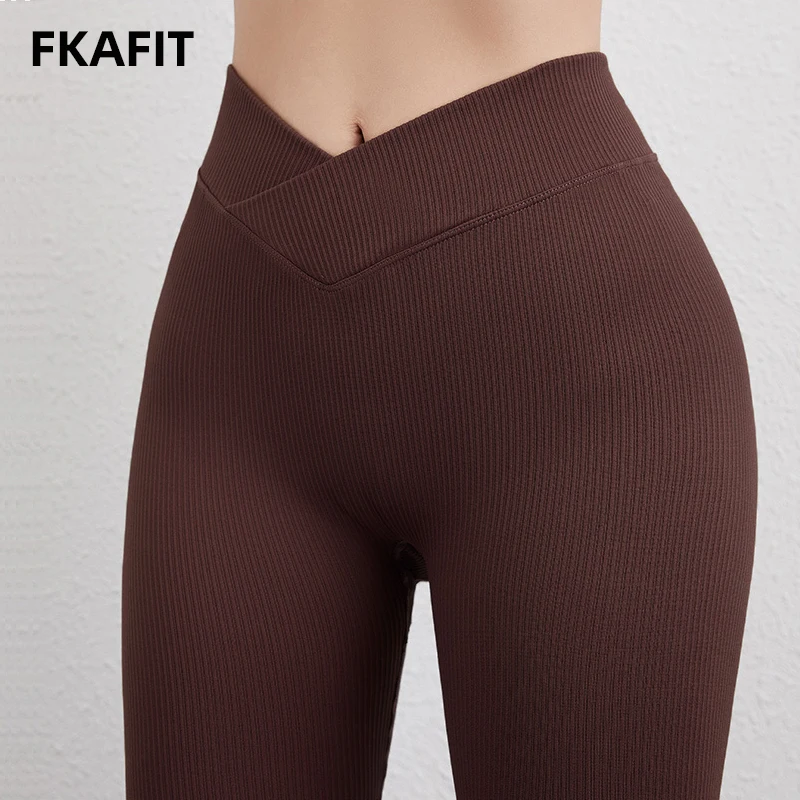 Ribbed Seamless Yoga Pant Cross Over Waistband Sports Fitness Legging Women High Waist Gym Scrunch Butt Running Leggings