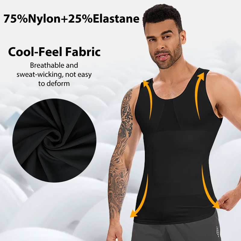 Men Compression Tank Top Slimming Shapewear Double Layer Tummy Control Breathable Mesh Bust Body Shaper High Elastic Undershirt