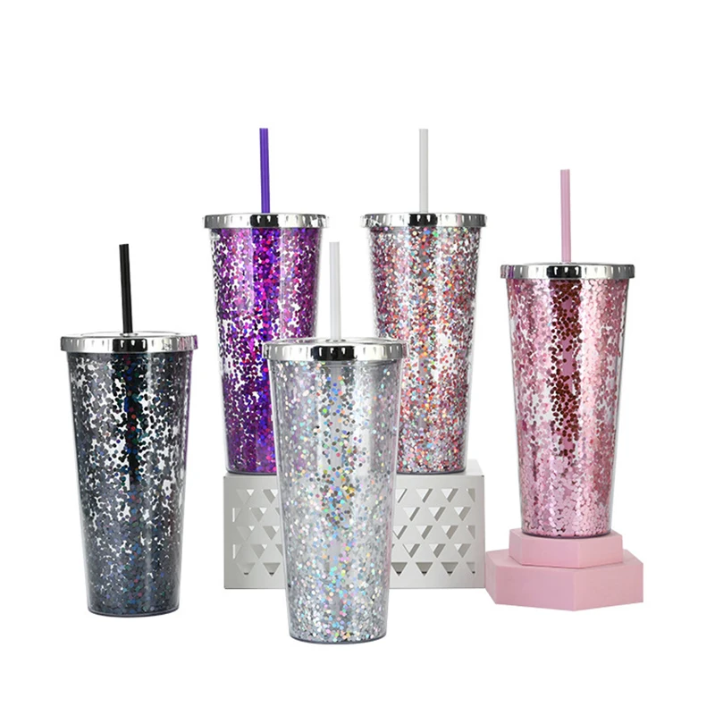 700ML Glitter Plastic Sippy Water Cup With Lid Portable Double Layer Cold Drink Coffee Cup Reusable Large Capacity Milk Tea Cups