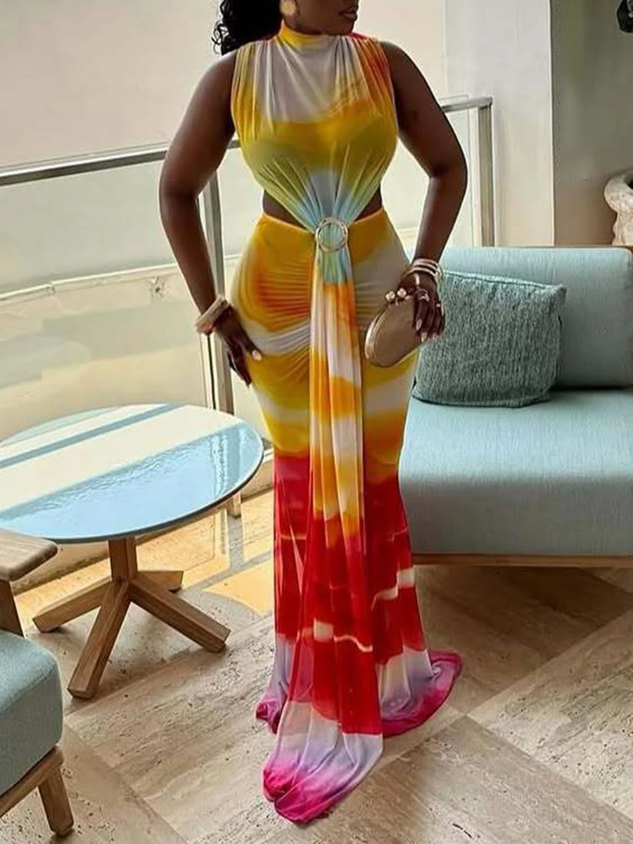 ZIML Hit Color adelgazamiento estampado vestidos calados para mujeres cuello alto sin mangas cintura alta temperamento vestido femenino nuevo