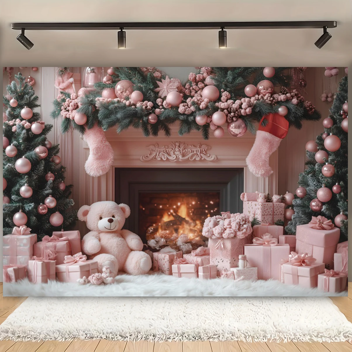 

Christmas Pink Tree Fireplace Photography Background Cute Teddy Bear Christmas Holiday Party Photo Banner Photo Studio Backdrop