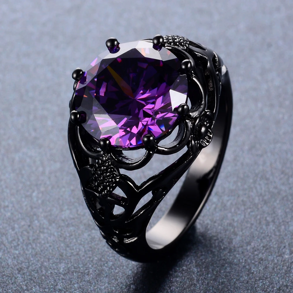 Boho Blue Purple Pink Red Stone Round Wedding Bands Female Male Rainbow Zircon Black Gold Color Engagement Rings For Women Men