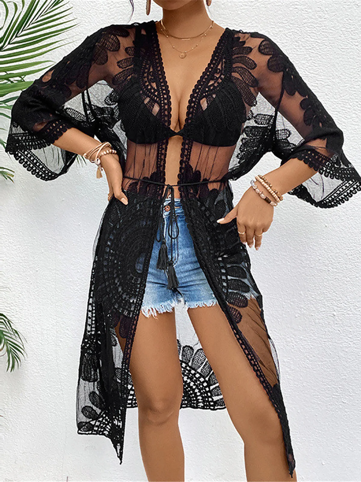 Sexy Embroidery Half Sleeve Chiffon Cardigan Tunic Beach Cover Up Cover-ups Beach Dress Beach Wear Beachwear Female Women K5510