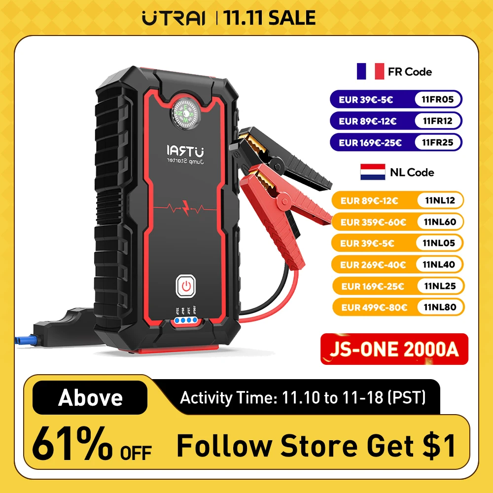 UTRAI 2000A Car Battery Starter 12V Auto Starting Device Emergency Portable Power Bank Car BoosterJump Starter For 8.0L Gas 6L