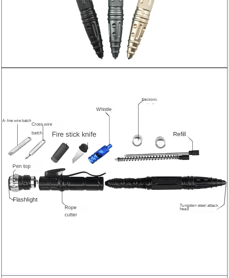 Tactical Pen Aluminum Alloy Multifunctional Wolf Proof Ballpoint Pen - Gyro with Lamp Survival Defense Pen