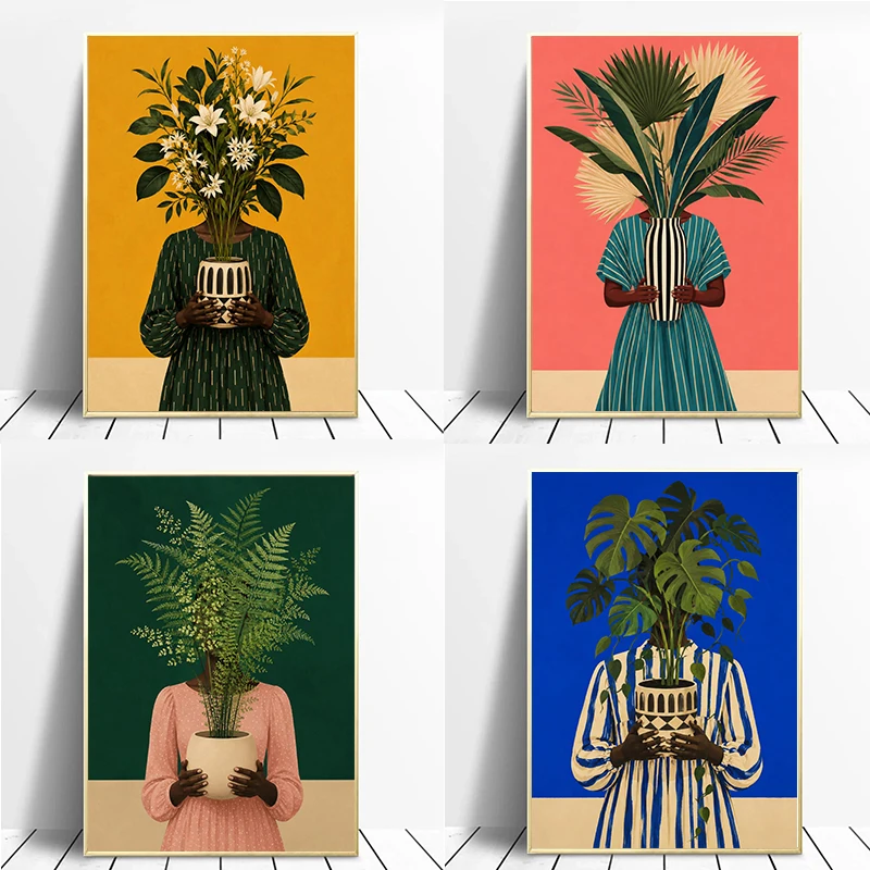 Surreal African Woman Monstera Plant Poster Banana Leaf Emerald Fern Modern Prints Canvas Painting Wall Pictures Home Room Decor