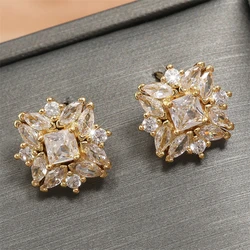 ZAKOL Luxury Flower Square Zirconia Stud Earrings For For Women Girls Gold Color Metal Crystal Ears Jewelry Wedding Festival