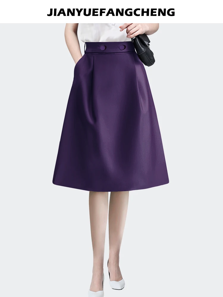 Mid-length Skirts Women Summer New High Waist A-line Solid Color Casual Skirt With Pocket Belt Loop Loose Plus Size