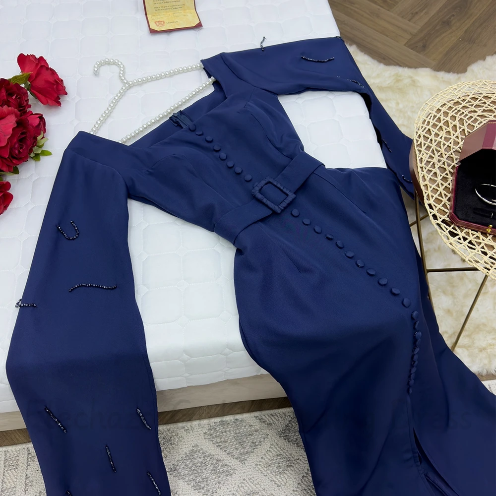 Customized Square Collar Sheath Evening Dress with Button and Belt Ankle Length Front Slit Floor-Length Sleeve Beading Gown
