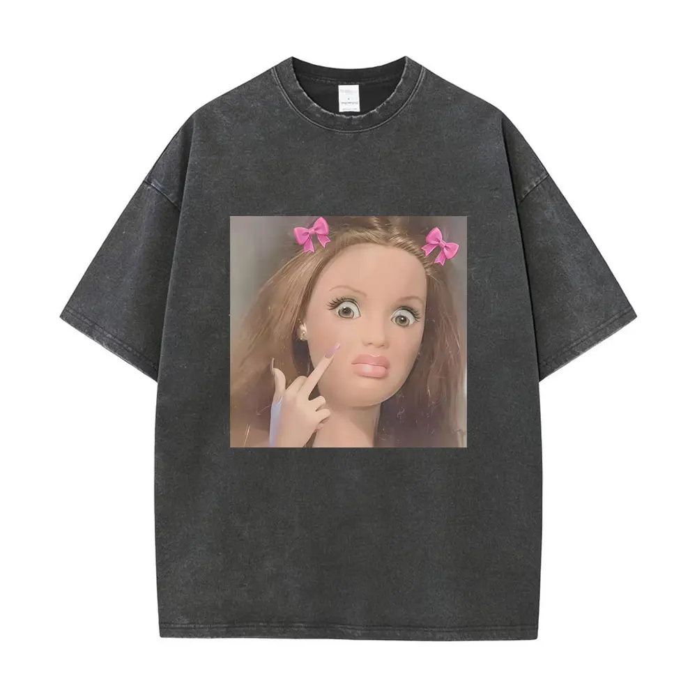 

Washed Vintage Doll Face Funny Meme T-shirt Men Women Casual Humor T Shirt Unisex Oversized Short Sleeve T-shirts Y2k Streetwear