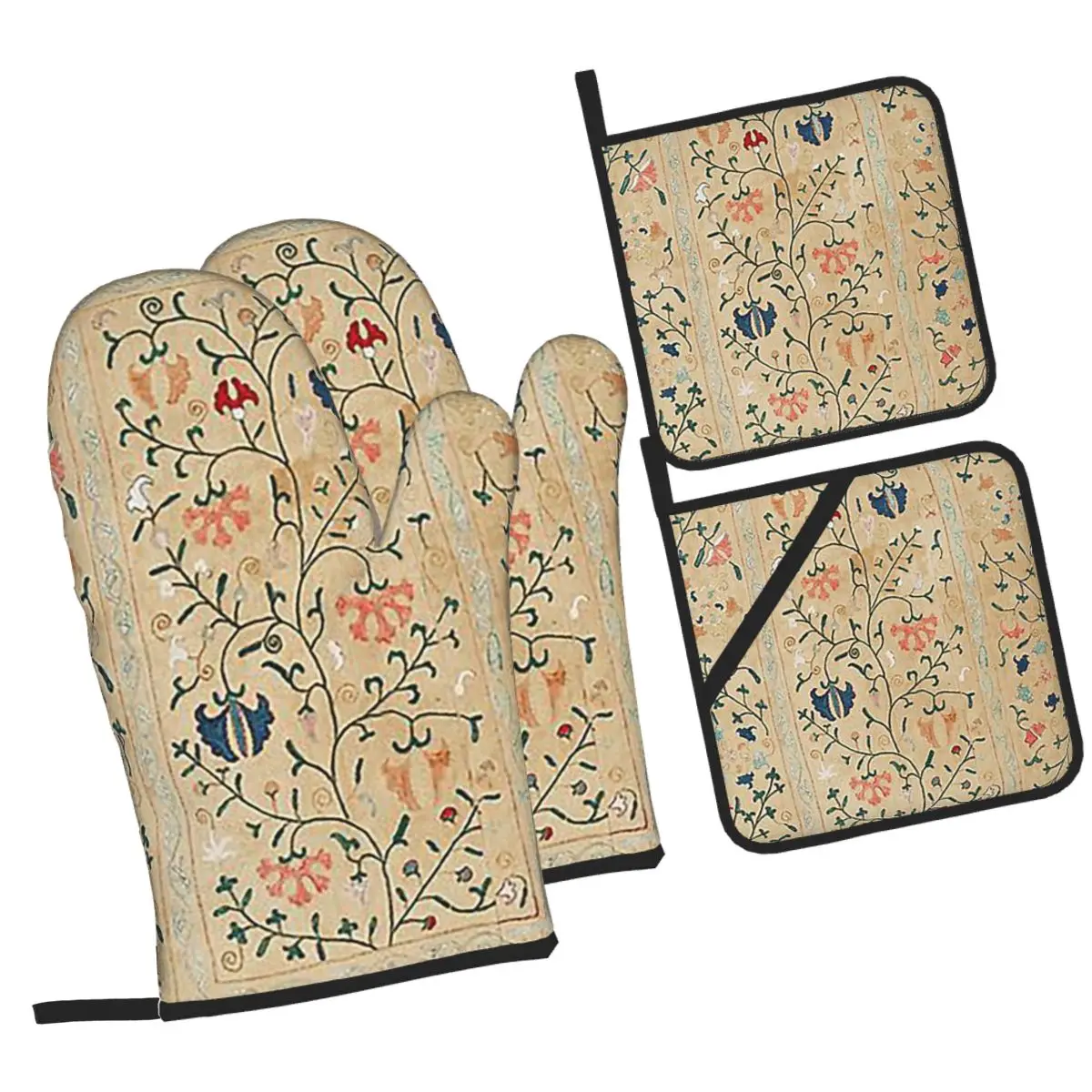 Uzbekistan Suzani Nim Embroidery Oven Mitts and Pot Holder Sets of 4 for Baking Kitchen Cooking BBQ Resistant Non-Slip Gloves