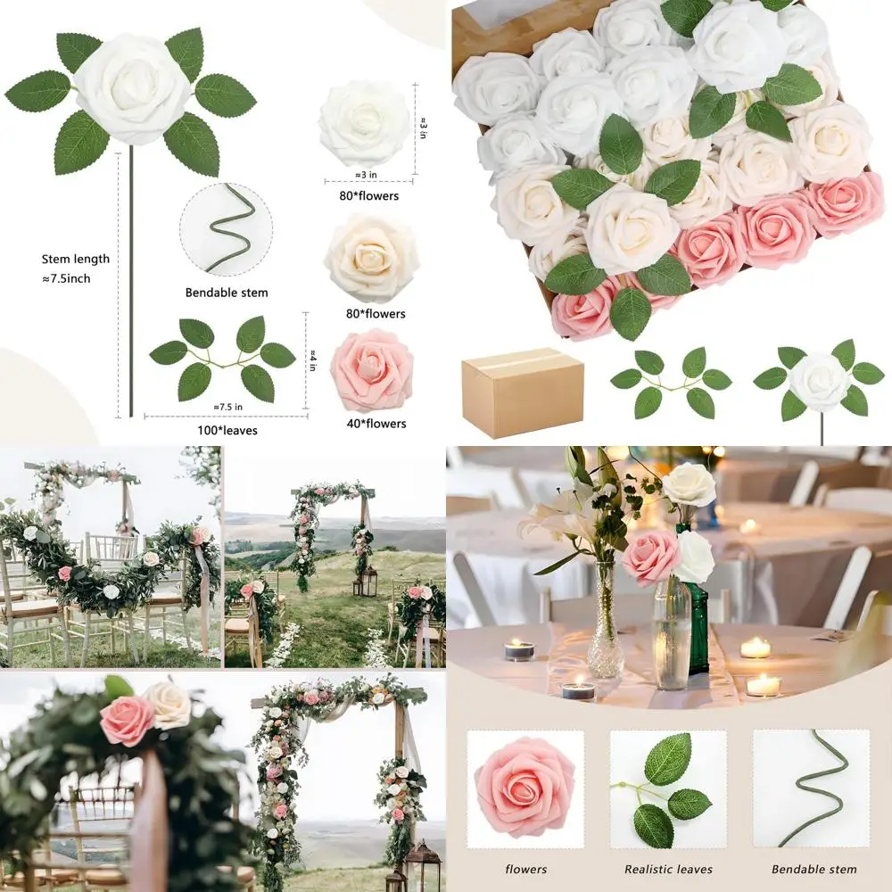 

200 искусственных стеблей цветов: шампанские и смешанные розы с зеленью для свадеб, девичников и декора вечеринок