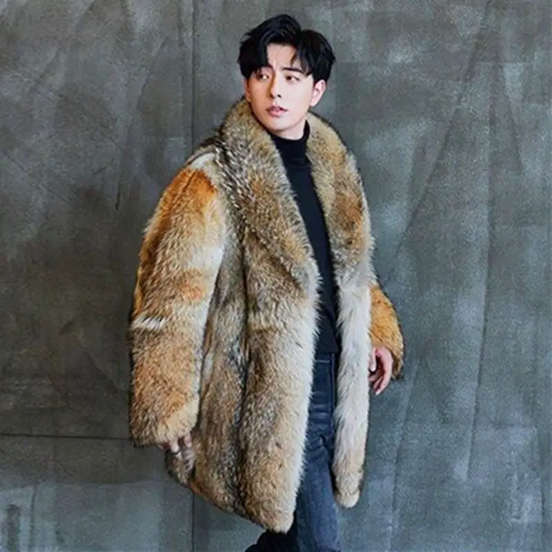 Winter New Men's Long Wolf Fur Grass Coat Body Mink Overcoat Handsome Trend Loose Keep Warm Clothes Male Singer Stage Costumes