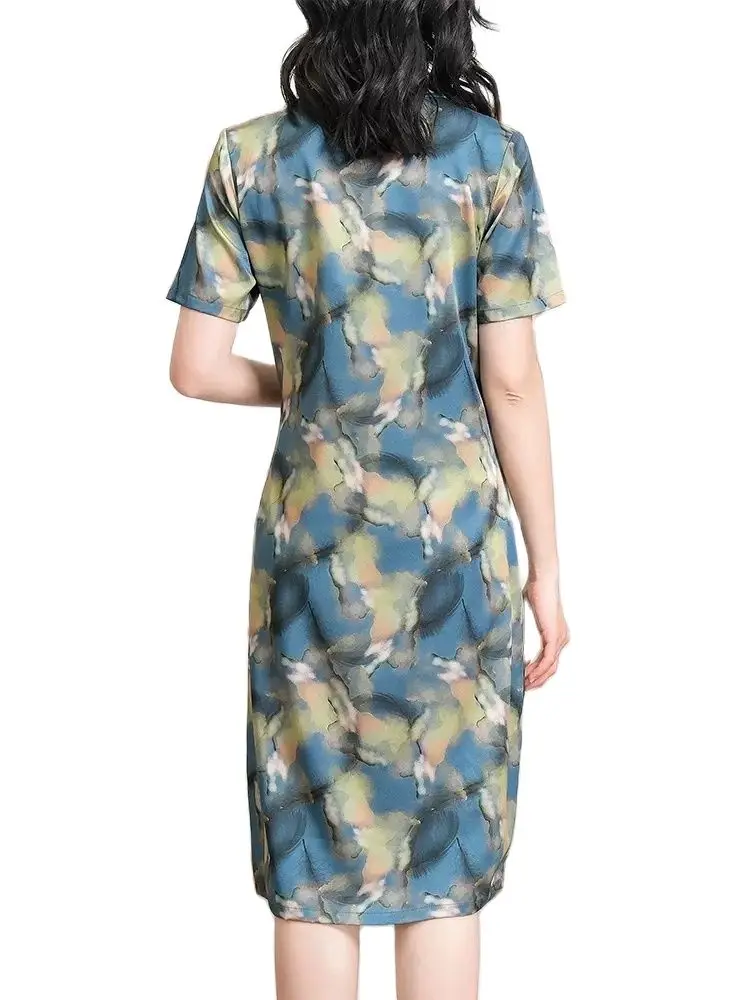 BirdTree 91.8% Mulberry Silk Women Dresses, Short Sleeve V-Neck Tie Dye Print, Elegant Fashion Retro Dress, 2024 Spring D42282QM