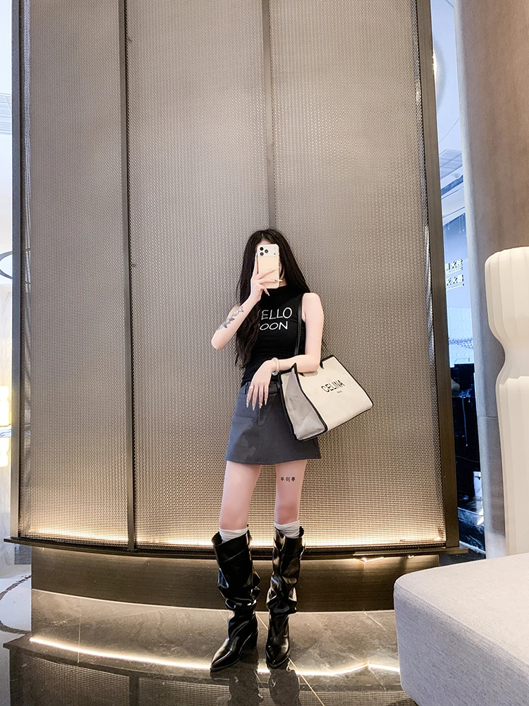 Pointed Over-the-Knee Belt Buckle Wrinkle Piled Black New High Tube Knight Large Shaft Long Tube Boots
