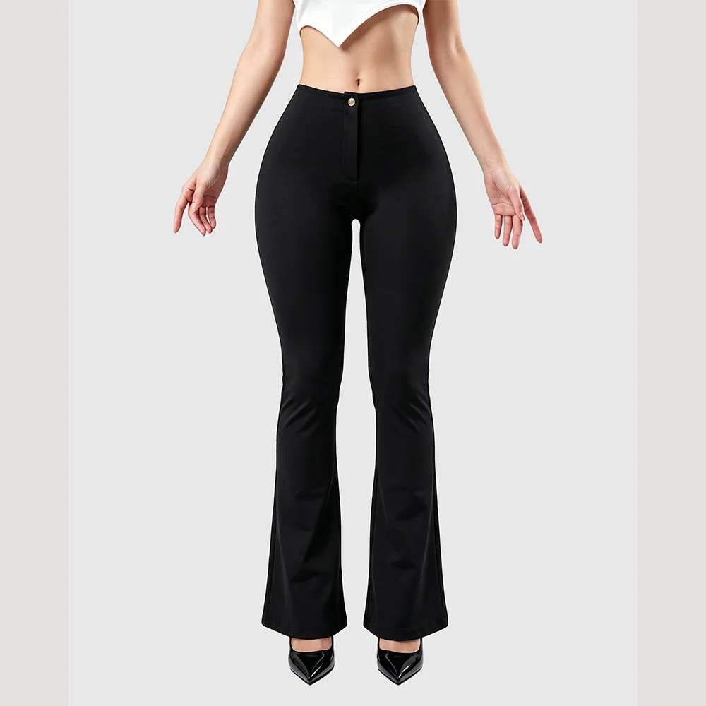 Women High Waist Button Flare Yoga Pants Stretch Butt Lifting Bootcut Leggings Slim Fitness Workout Casual Fashion Long Trousers